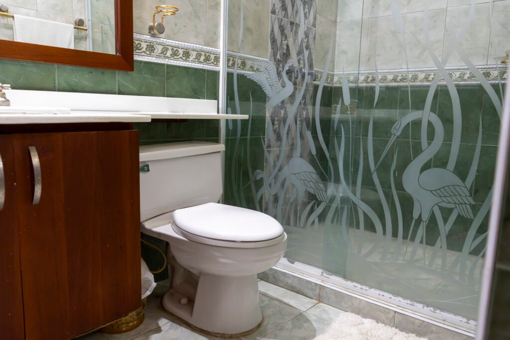 Ducha con puerta de vidrio en el baño de la habitación Victoria